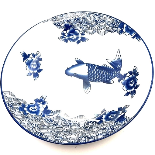 Picture of Deep Plate with Blue Fish and Flower Design 8"